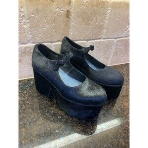 Jeffery Campbell Naya Cow Hair Mary Janes Chunky Heel Black Size 9 NEW